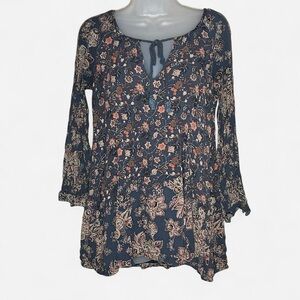 Free People Bell Sleeve Boho Navy Floral Women's Blouse